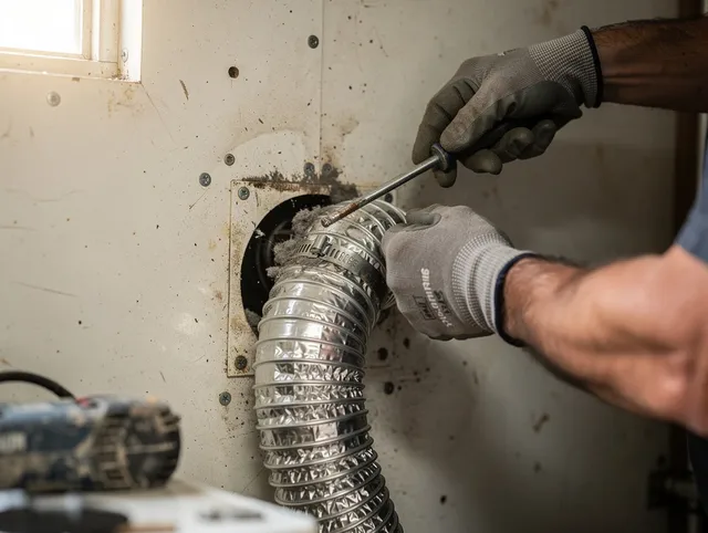 Alafaya Dryer Vent Cleaning technician performing precise dryer vent hose installation in Alafaya